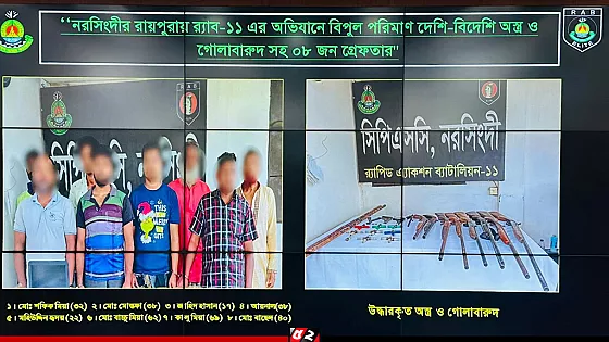 র‍্যাবের অভিযানে বিপুল অস্ত্র ও গোলাবারুদসহ ৮ জন গ্রেপ্তার   
