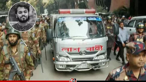 ময়নাতদন্তের জন্য হাদির মরদেহ সোহরাওয়ার্দী হাসপাতালের মর্গে
