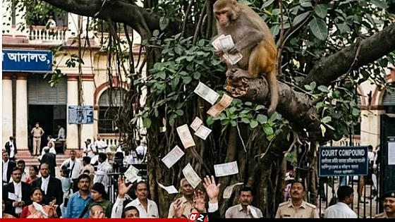 ব্যাগভর্তি টাকা ছিনিয়ে গাছে উঠে গেল বানর 